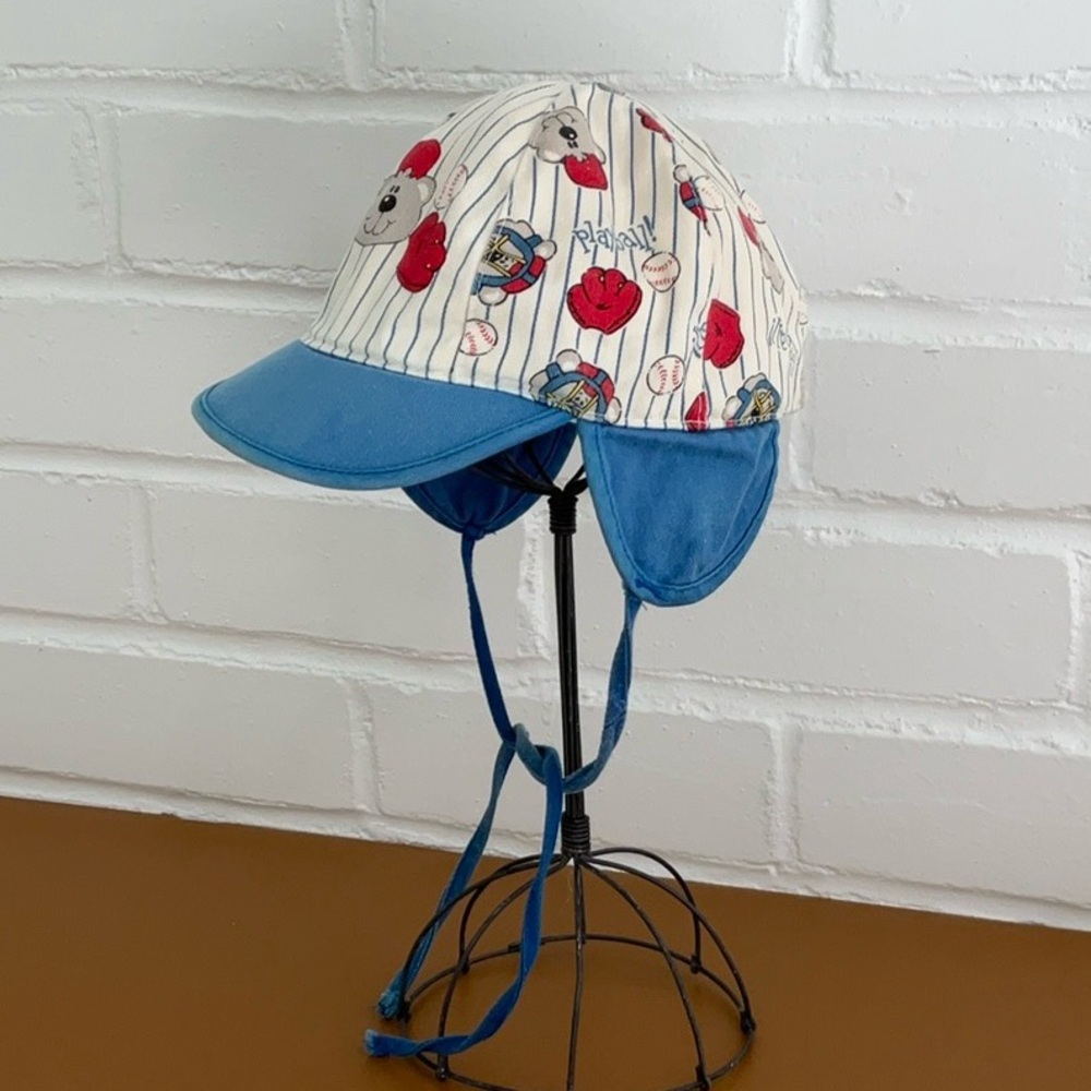 Old Style Classic Baby Boy Blue And Cream Stripe Baseball Hat With Ear Flaps